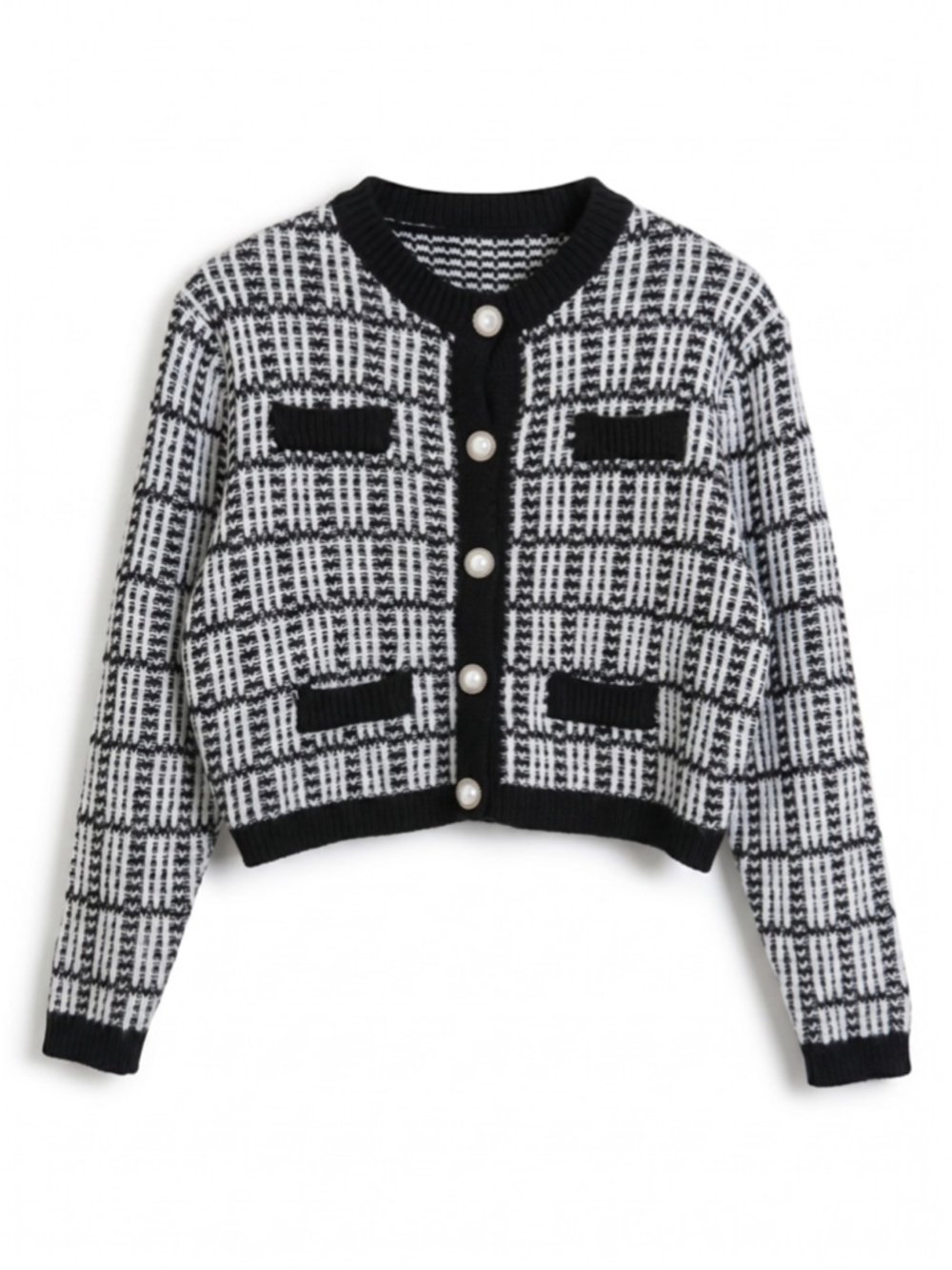 Black and White Knit Crochet Cardigan Cropped Button-up, Sz M